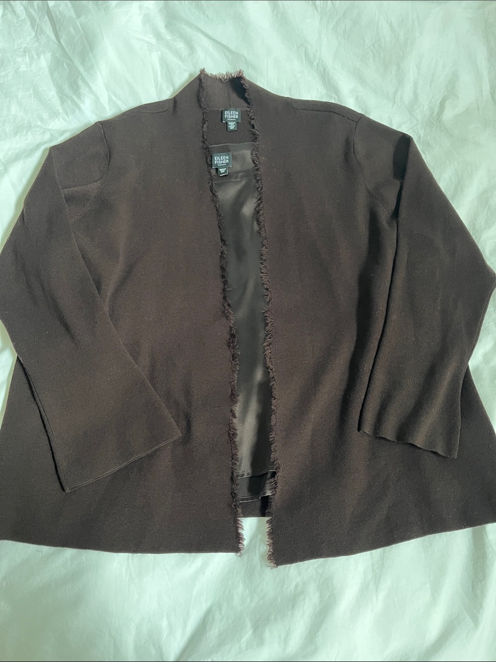 Eileen Fisher open-front fringe-trim wool cardigan jacket & silk tank top set